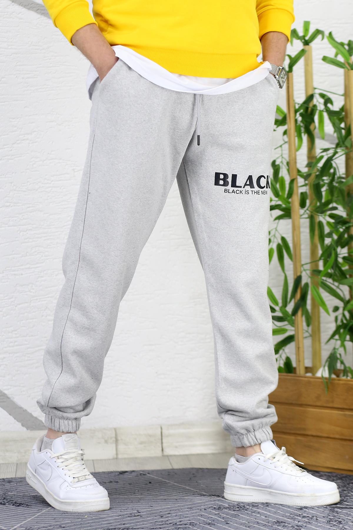 Erkek Üç İplik Şardonlu Black Baskılı Eşofman Altı - Gri