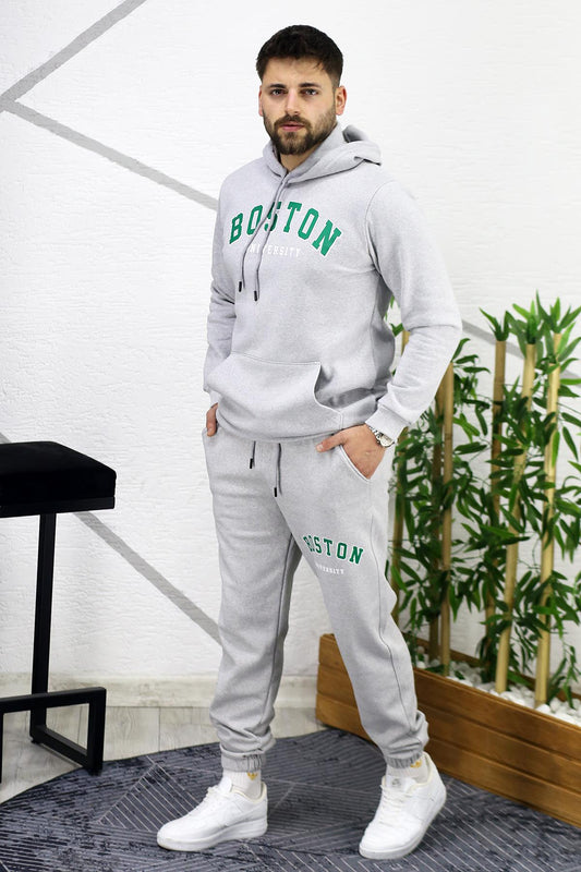 Erkek Üç İplik Şardonlu Boston Baskılı Eşofman Takımı - Gri