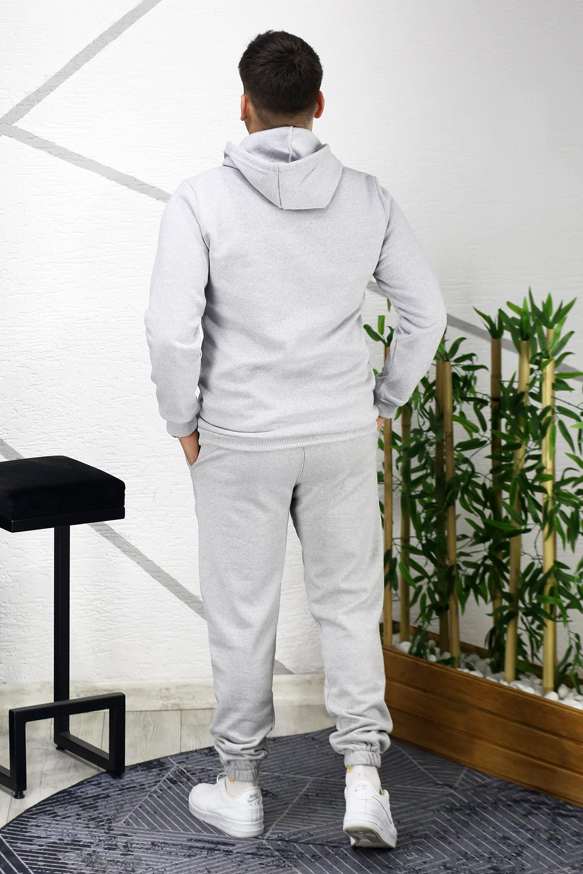 Erkek Üç İplik Şardonlu Boston Baskılı Eşofman Takımı - Gri