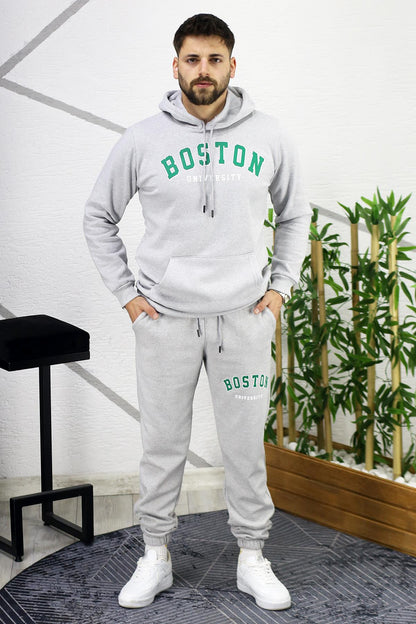 Erkek Üç İplik Şardonlu Boston Baskılı Eşofman Takımı - Gri