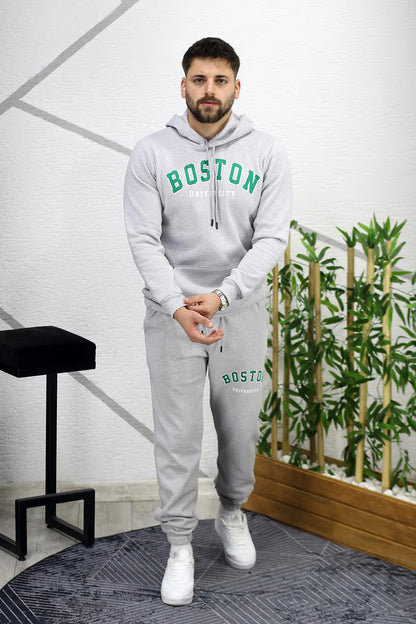 Erkek Üç İplik Şardonlu Boston Baskılı Eşofman Takımı - Gri