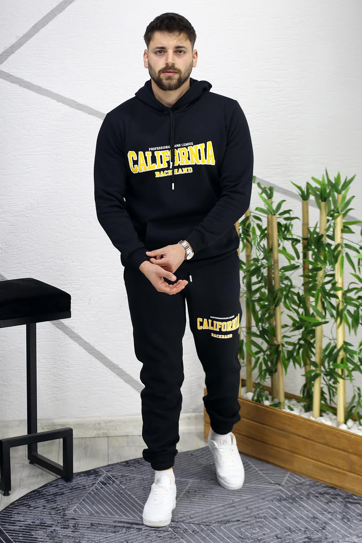 Erkek Üç İplik Şardonlu Calıfornia Baskılı Eşofman Takımı - Siyah