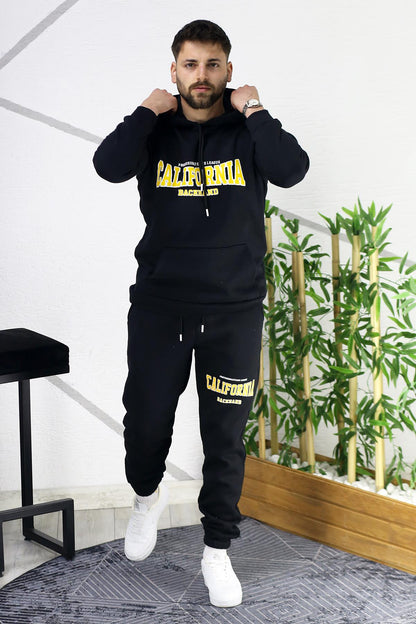 Erkek Üç İplik Şardonlu Calıfornia Baskılı Eşofman Takımı - Siyah