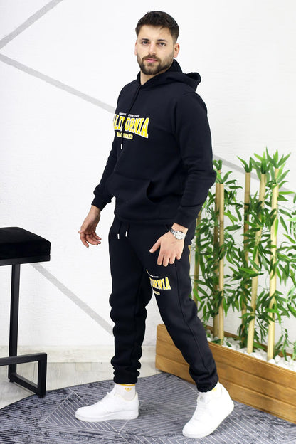 Erkek Üç İplik Şardonlu Calıfornia Baskılı Eşofman Takımı - Siyah