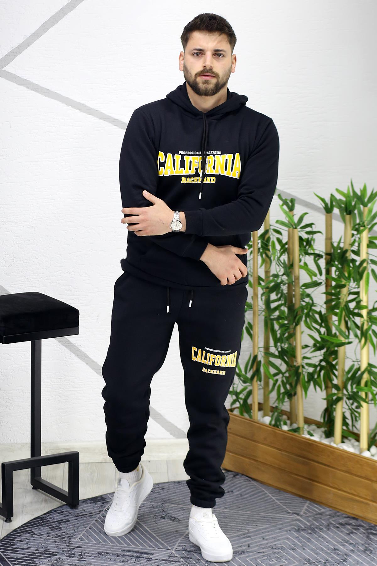 Erkek Üç İplik Şardonlu Calıfornia Baskılı Eşofman Takımı - Siyah