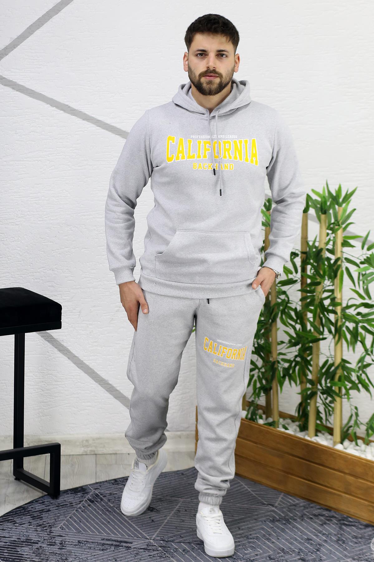 Erkek Üç İplik Şardonlu Calıfornia Baskılı Eşofman Takımı - Gri