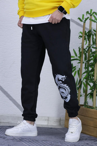 Erkek Üç İplik Şardonlu Dragon Baskılı Eşofman Altı - Siyah