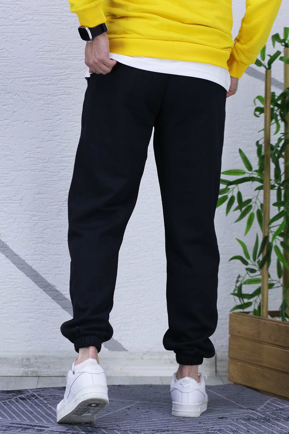 Erkek Üç İplik Şardonlu Dragon Baskılı Eşofman Altı - Siyah