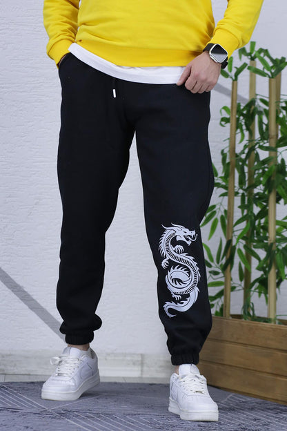 Erkek Üç İplik Şardonlu Dragon Baskılı Eşofman Altı - Siyah