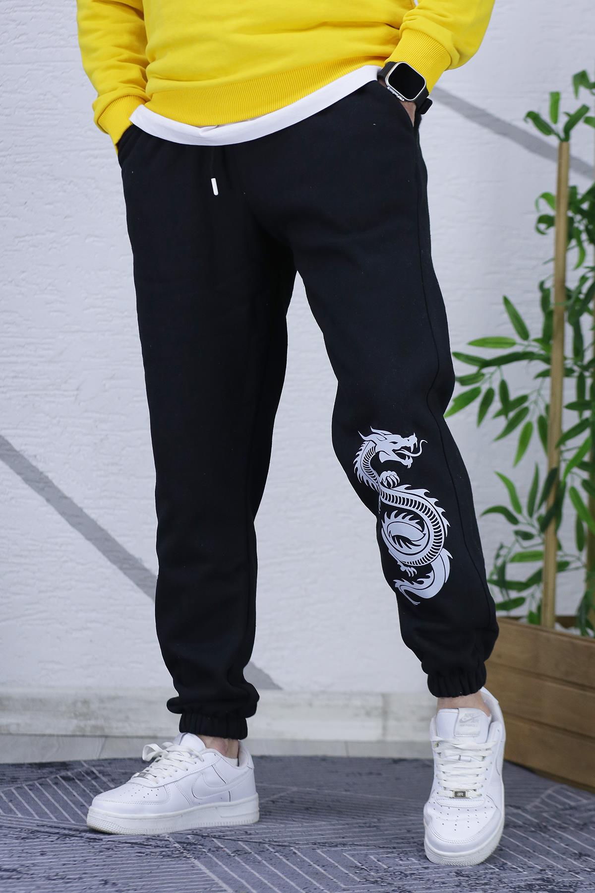 Erkek Üç İplik Şardonlu Dragon Baskılı Eşofman Altı - Siyah