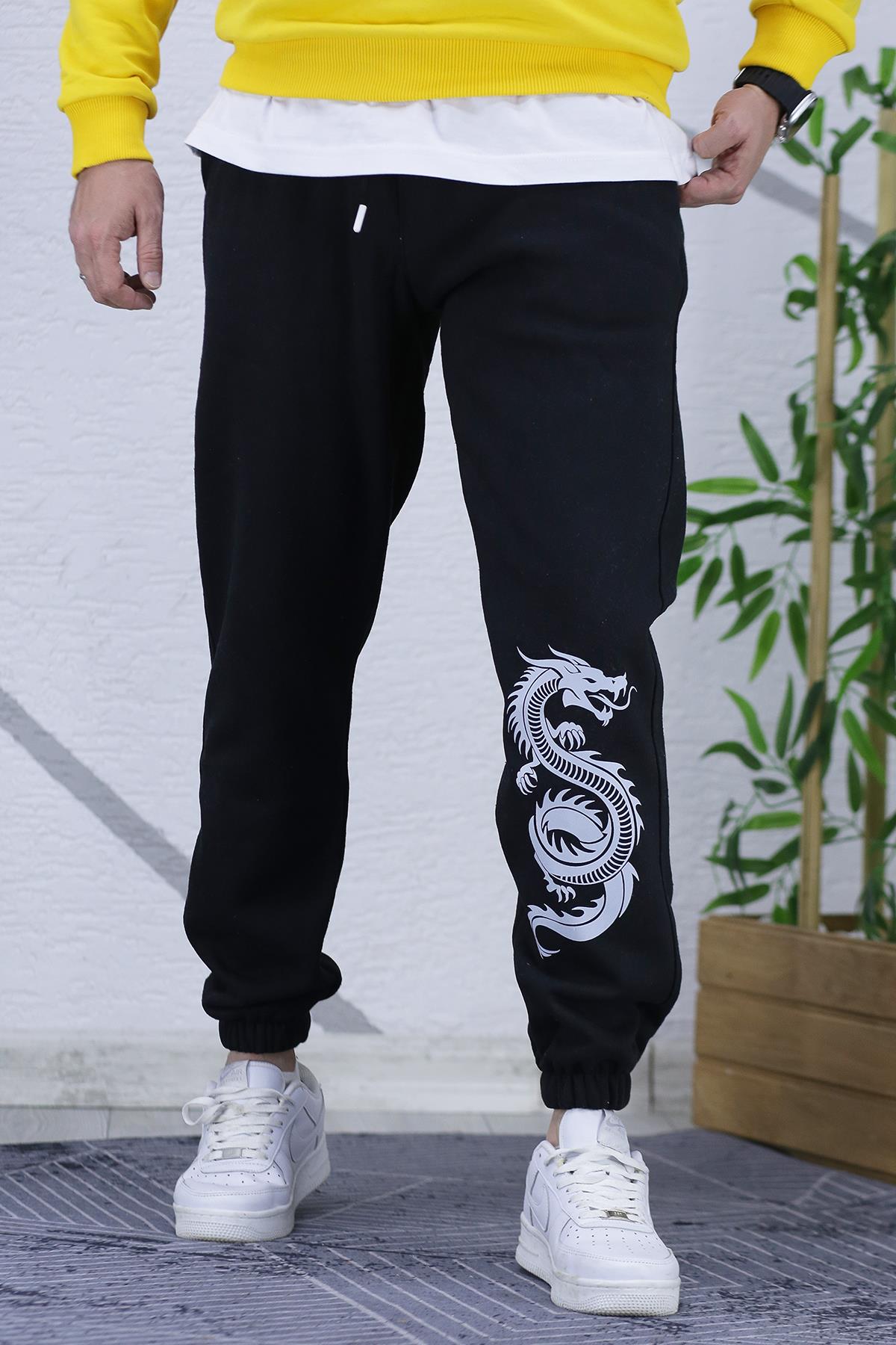 Erkek Üç İplik Şardonlu Dragon Baskılı Eşofman Altı - Siyah