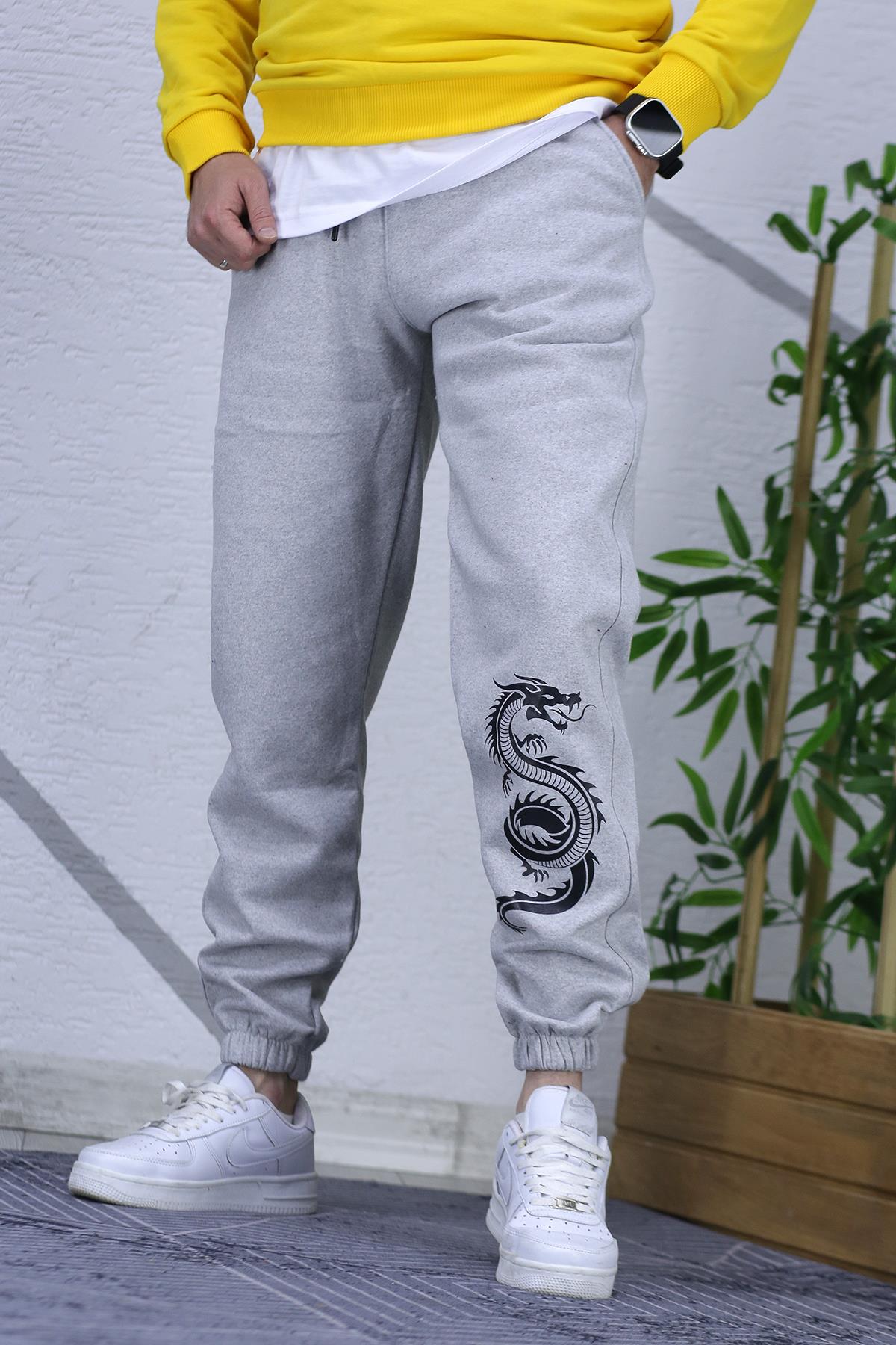 Erkek Üç İplik Şardonlu Dragon Baskılı Eşofman Altı - Gri