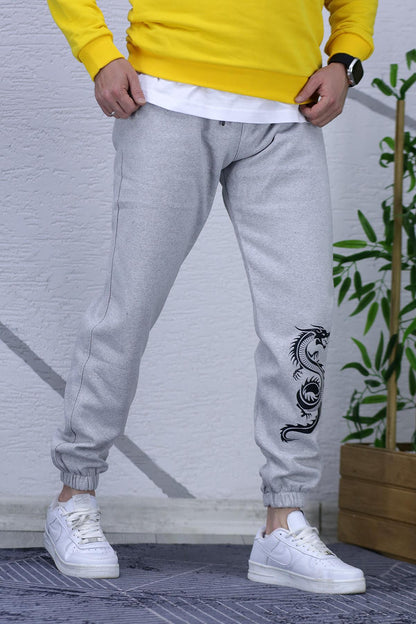 Erkek Üç İplik Şardonlu Dragon Baskılı Eşofman Altı - Gri