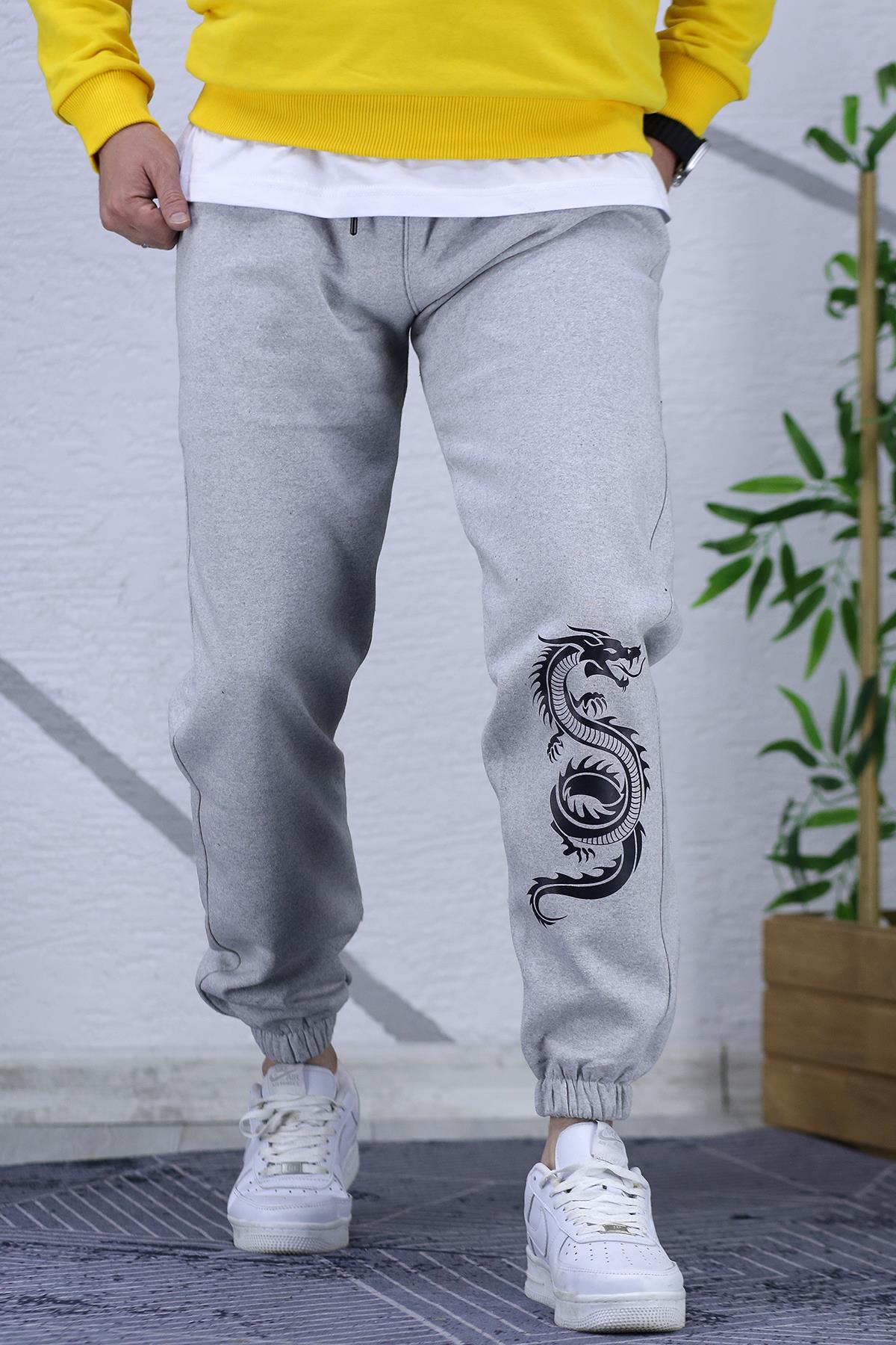 Erkek Üç İplik Şardonlu Dragon Baskılı Eşofman Altı - Gri