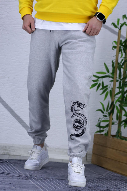 Erkek Üç İplik Şardonlu Dragon Baskılı Eşofman Altı - Gri