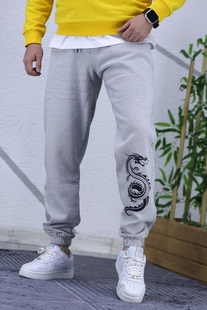 Erkek Üç İplik Şardonlu Dragon Baskılı Eşofman Altı - Gri