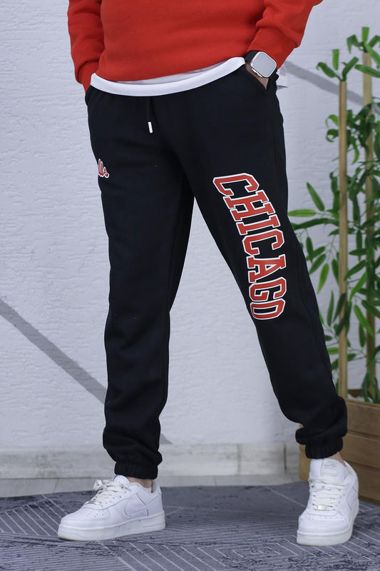 Erkek Üç İplik Şardonlu Eşofman Altı Chicago Baskı - Siyah