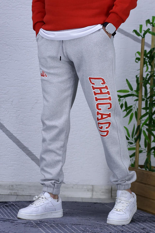 Erkek Üç İplik Şardonlu Eşofman Altı Chicago Baskı - Gri