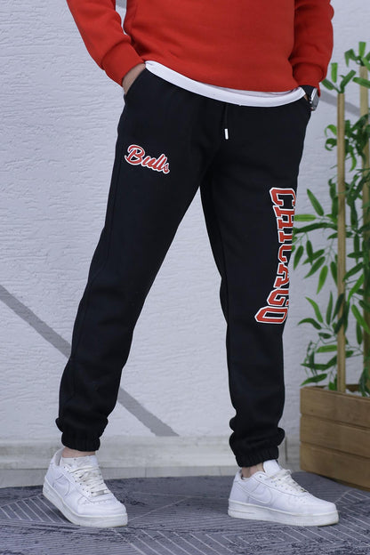 Erkek Üç İplik Şardonlu Eşofman Altı Chicago Baskı - Siyah