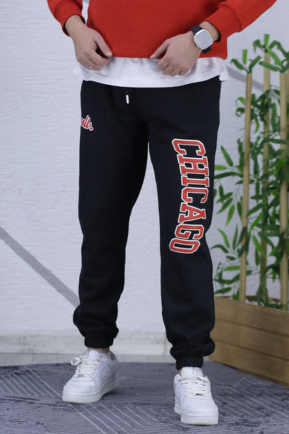 Erkek Üç İplik Şardonlu Eşofman Altı Chicago Baskı - Siyah