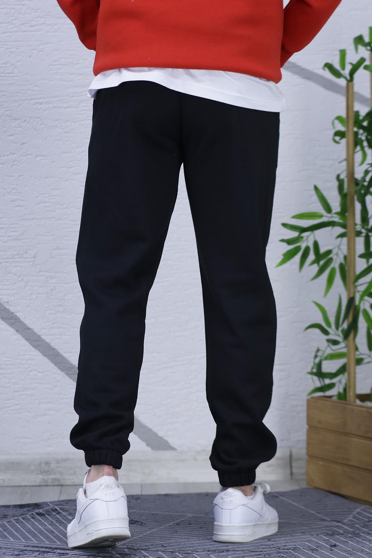 Erkek Üç İplik Şardonlu Eşofman Altı Chicago Baskı - Siyah