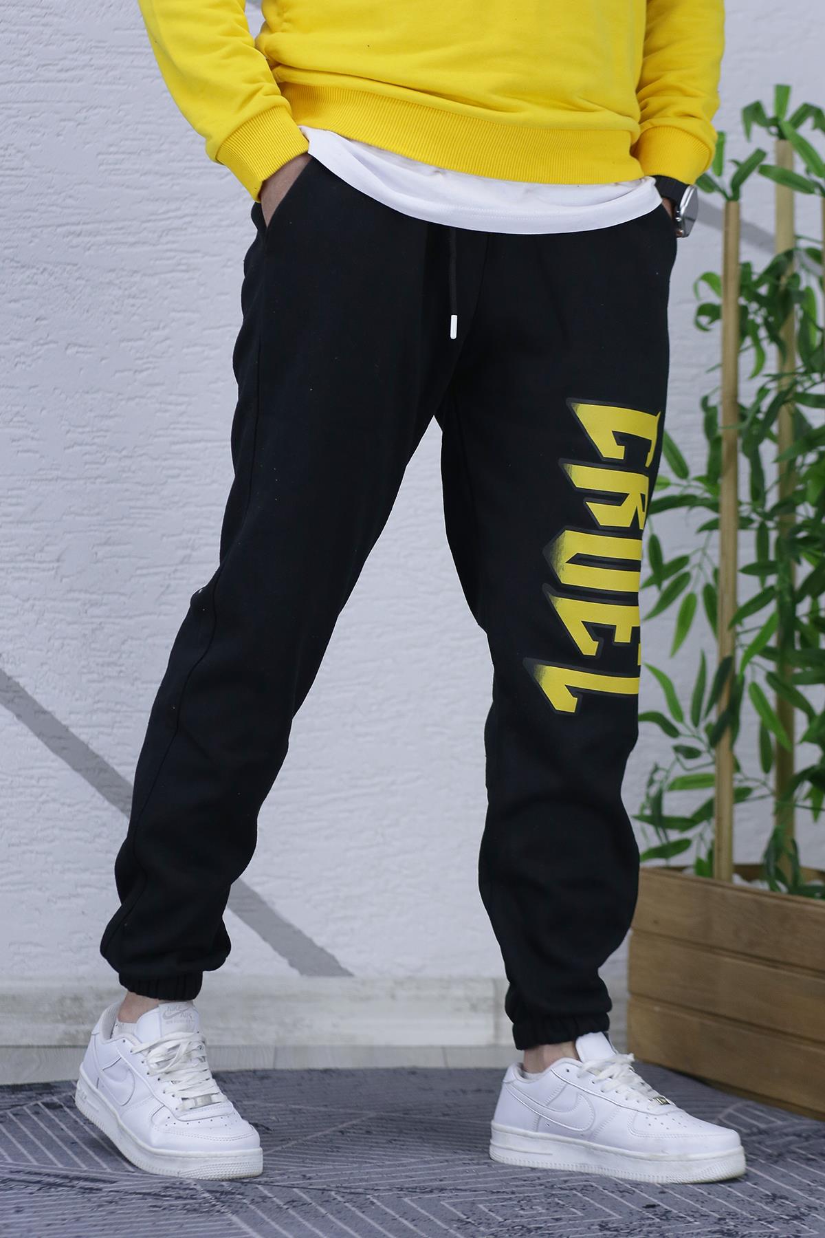 Erkek Üç İplik Şardonlu Eşofman Altı Cruel Baskı - Siyah