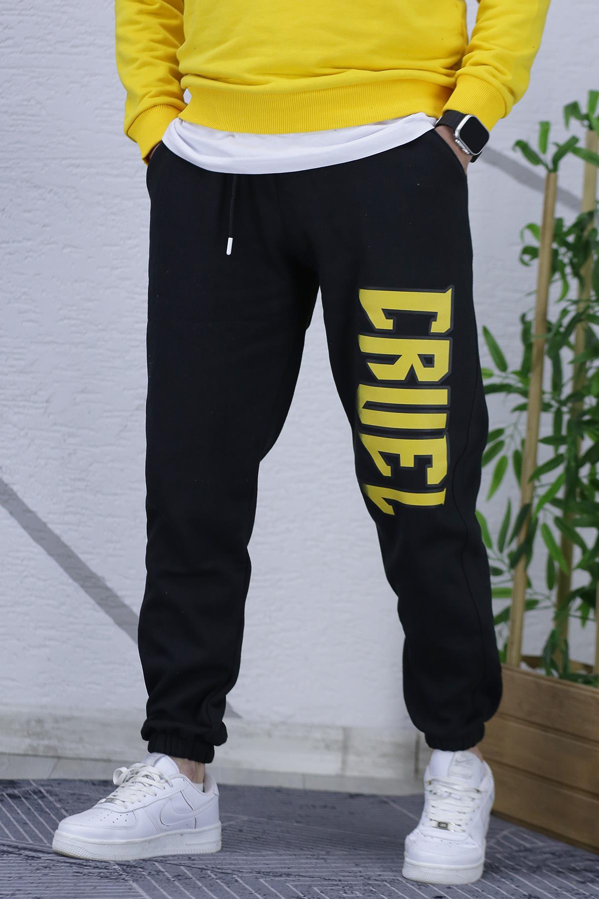 Erkek Üç İplik Şardonlu Eşofman Altı Cruel Baskı - Siyah