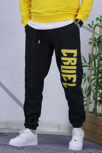 Erkek Üç İplik Şardonlu Eşofman Altı Cruel Baskı - Siyah