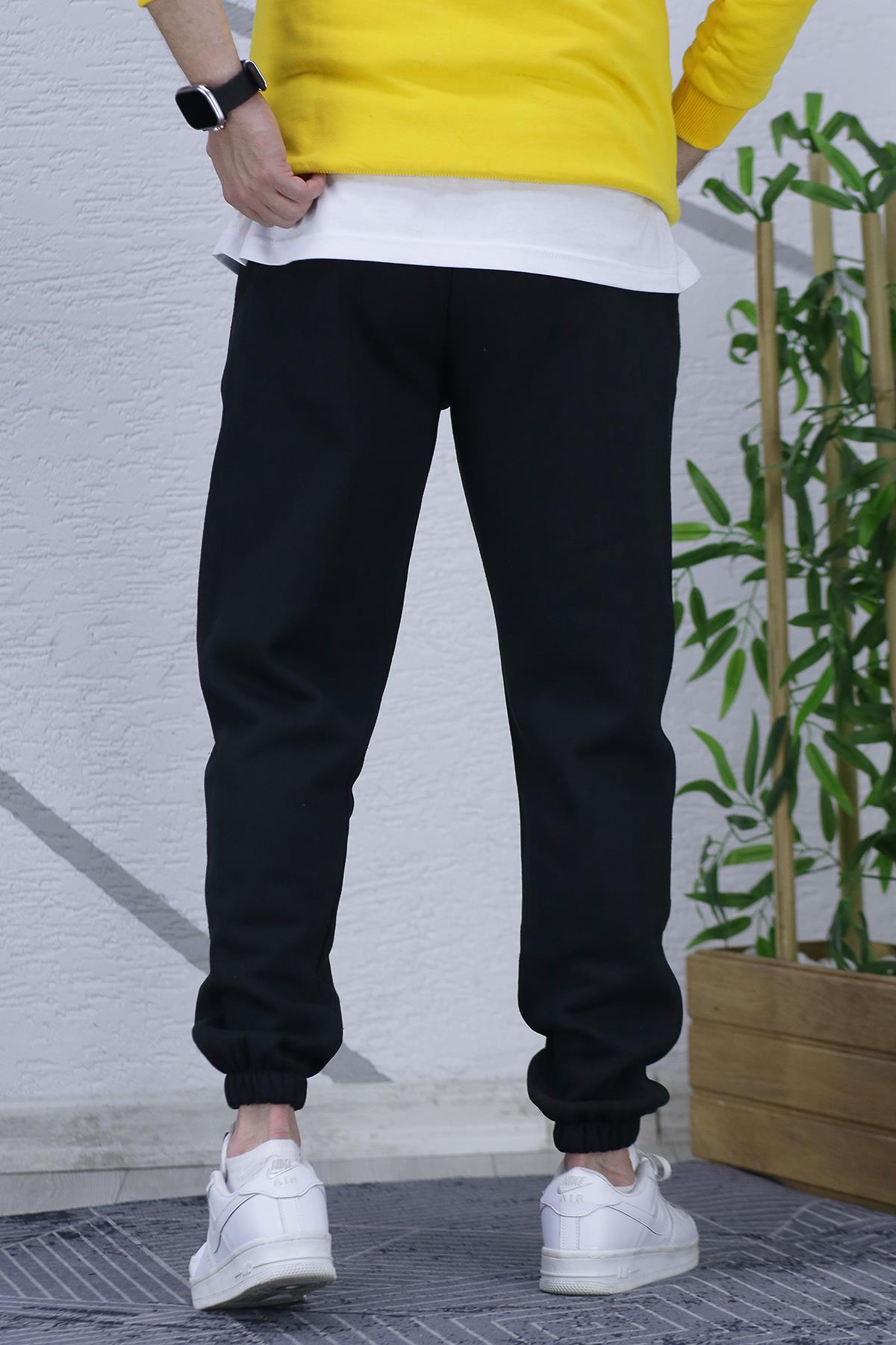 Erkek Üç İplik Şardonlu Eşofman Altı Cruel Baskı - Siyah