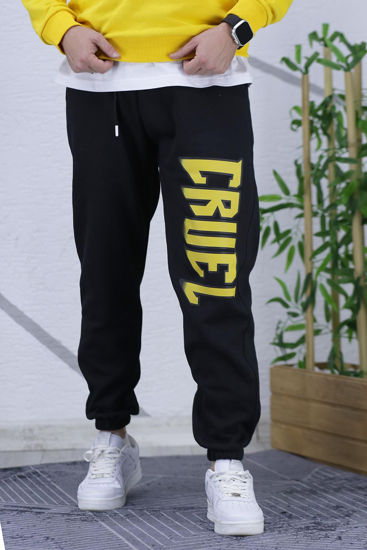 Erkek Üç İplik Şardonlu Eşofman Altı Cruel Baskı - Siyah