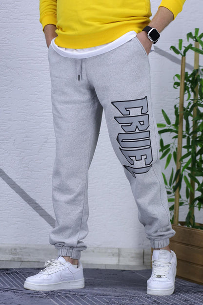 Erkek Üç İplik Şardonlu Eşofman Altı Cruel Baskı - Gri