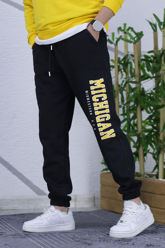 Erkek Üç İplik Şardonlu Eşofman Altı Michıgan Baskı - Siyah