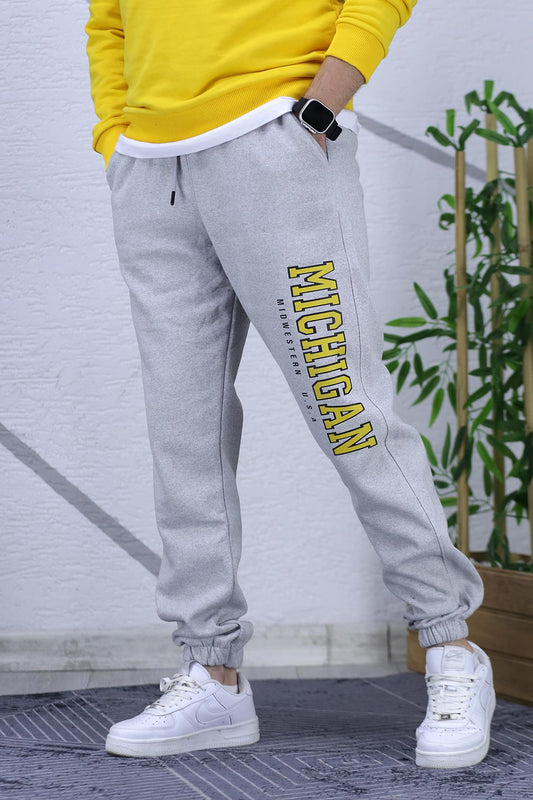 Erkek Üç İplik Şardonlu Eşofman Altı Michıgan Baskı - Gri