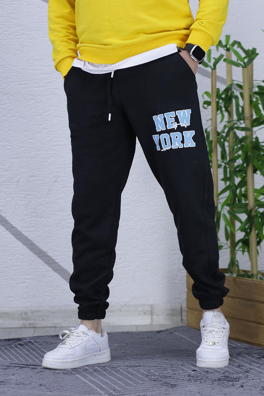 Erkek Üç İplik Şardonlu Eşofman Altı New York Baskı - Siyah