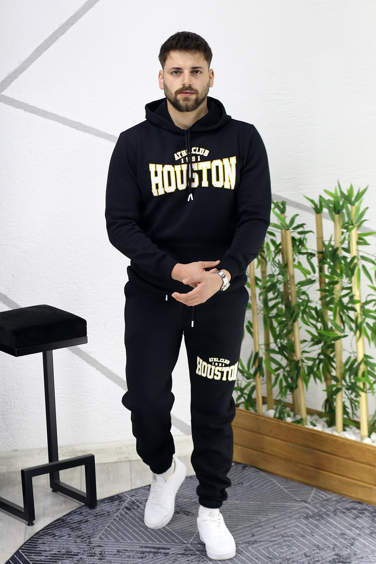 Erkek Üç İplik Şardonlu Houston Baskılı Eşofman Takımı - Siyah