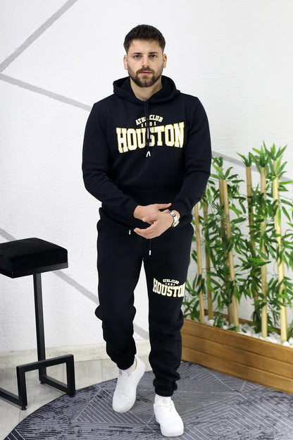 Erkek Üç İplik Şardonlu Houston Baskılı Eşofman Takımı - Siyah