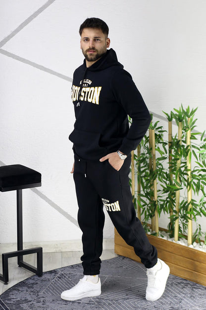 Erkek Üç İplik Şardonlu Houston Baskılı Eşofman Takımı - Siyah