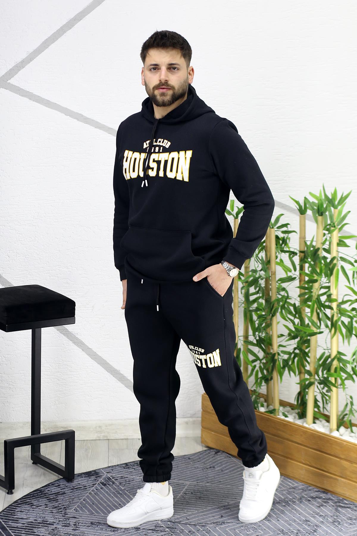 Erkek Üç İplik Şardonlu Houston Baskılı Eşofman Takımı - Siyah