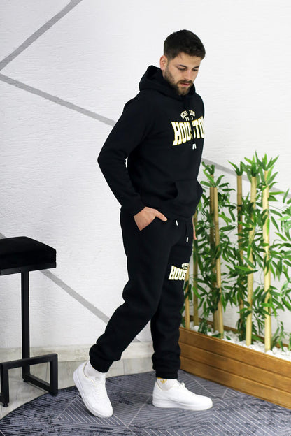 Erkek Üç İplik Şardonlu Houston Baskılı Eşofman Takımı - Siyah