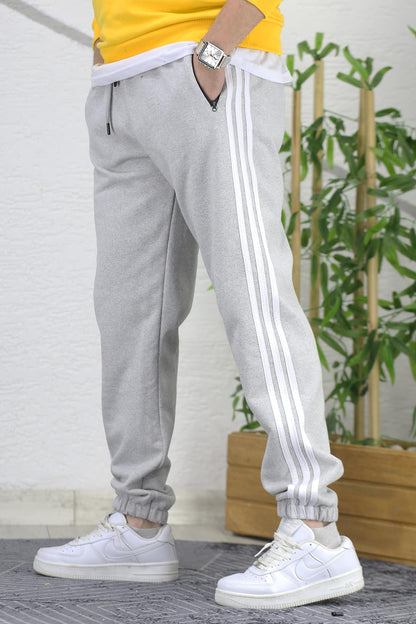 Erkek Üç İplik Şardonlu Paçası Lastikli Şeritli Eşofman Altı - Gri