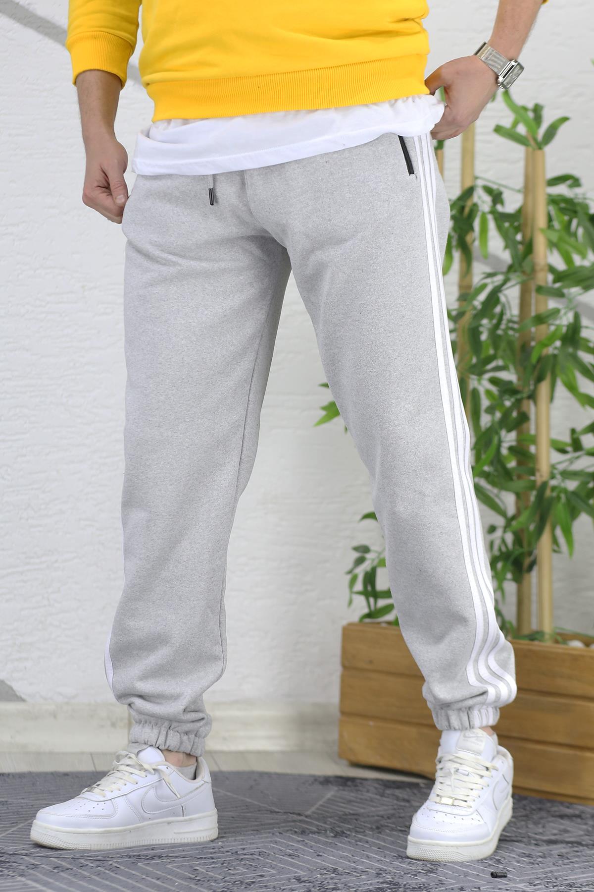 Erkek Üç İplik Şardonlu Paçası Lastikli Şeritli Eşofman Altı - Gri