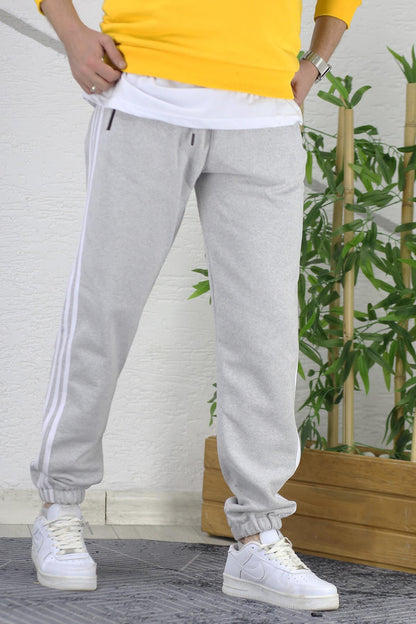 Erkek Üç İplik Şardonlu Paçası Lastikli Şeritli Eşofman Altı - Gri