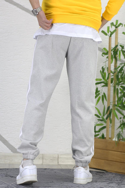 Erkek Üç İplik Şardonlu Paçası Lastikli Şeritli Eşofman Altı - Gri