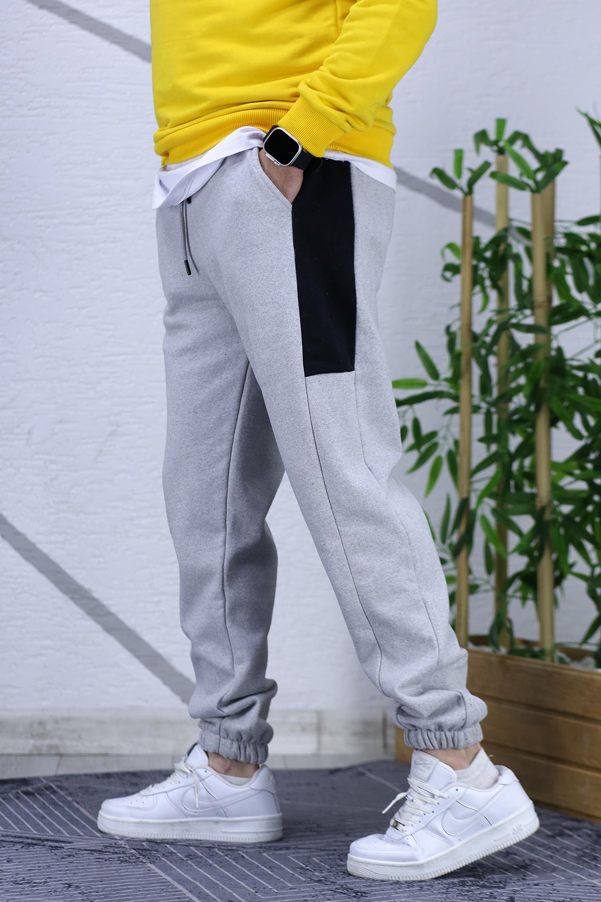 Erkek Üç İplik Şardonlu Yarım Parçalı Eşofman Altıı - Gri