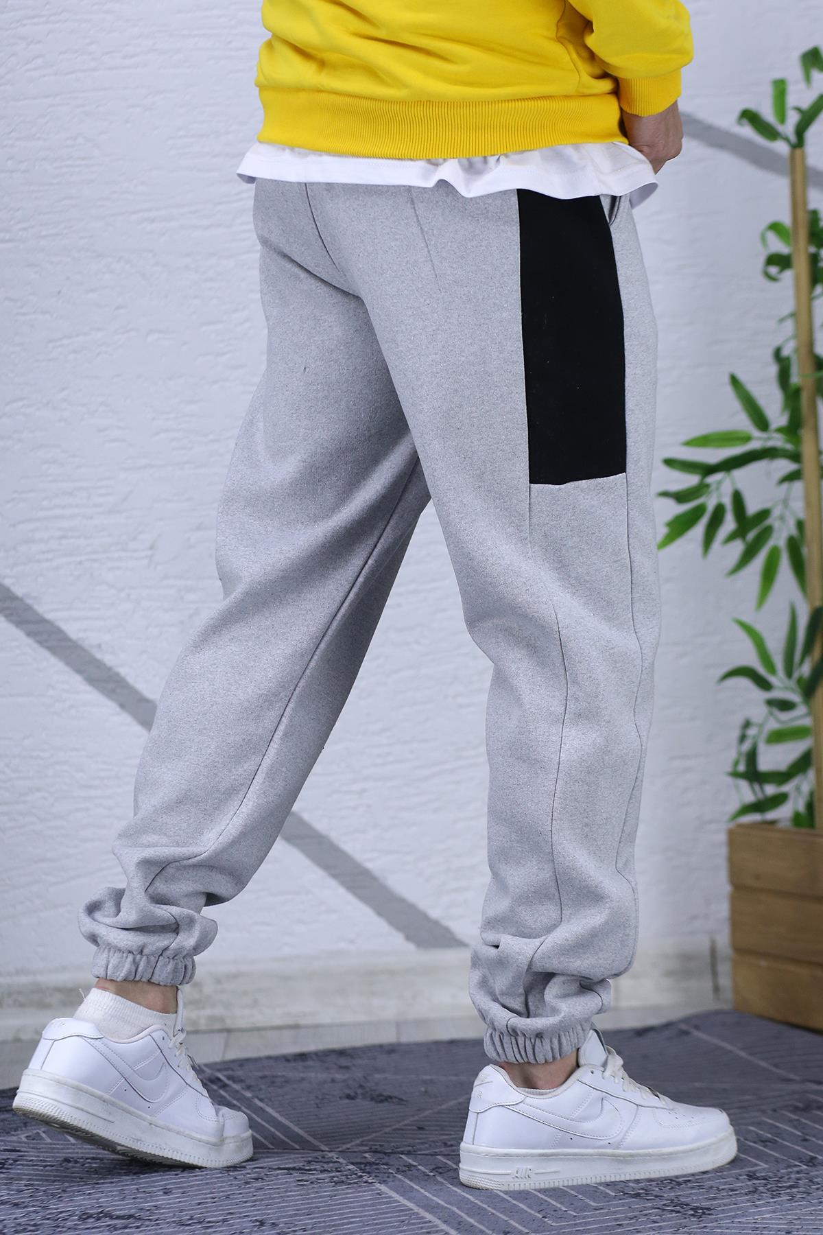 Erkek Üç İplik Şardonlu Yarım Parçalı Eşofman Altıı - Gri