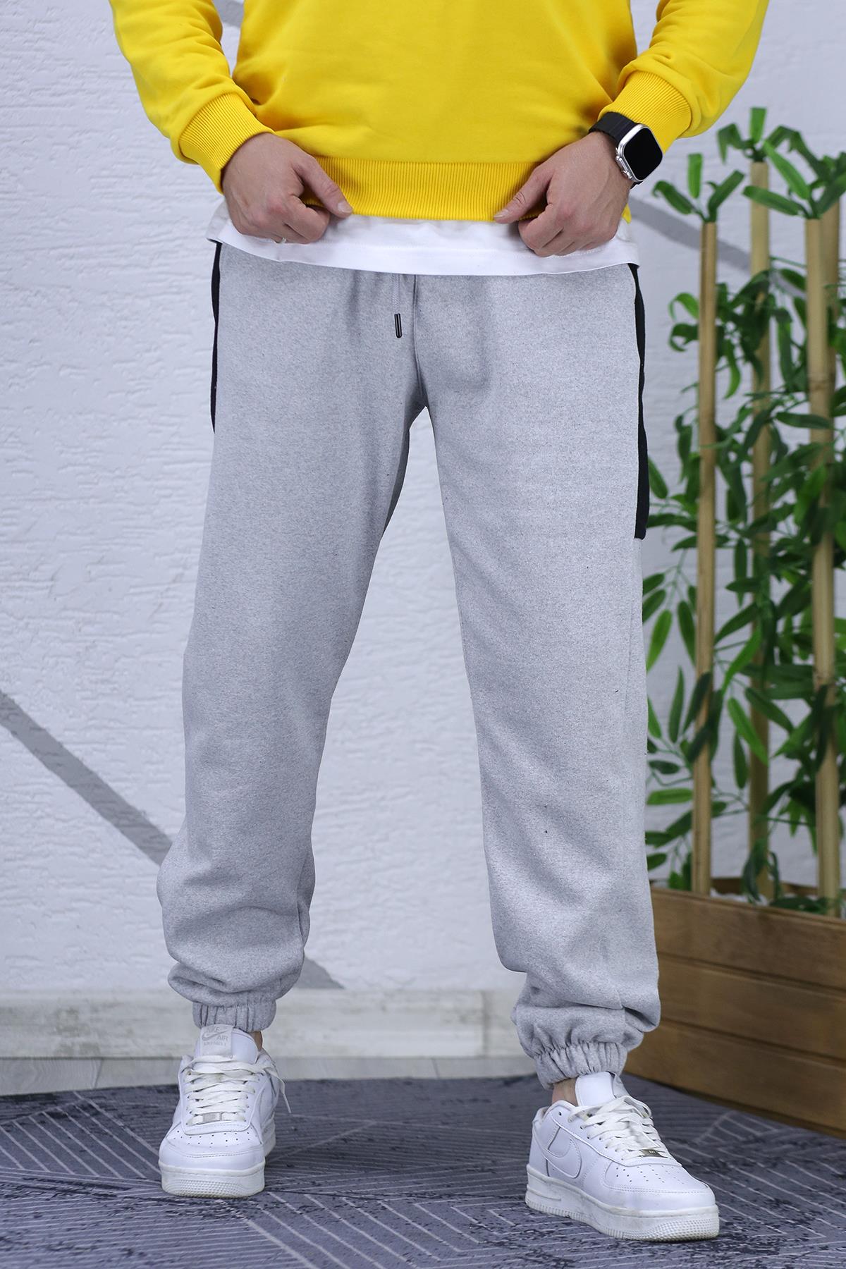 Erkek Üç İplik Şardonlu Yarım Parçalı Eşofman Altıı - Gri