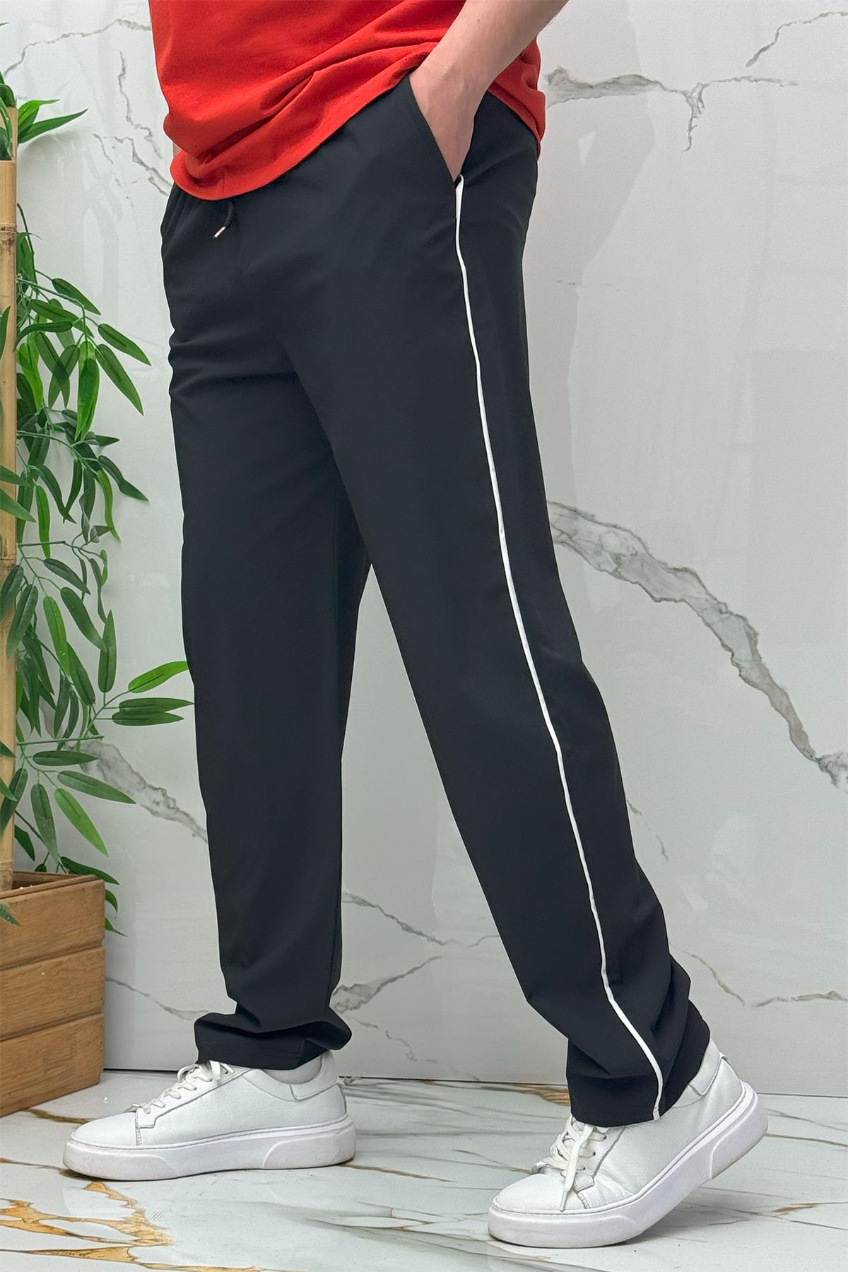 Erkek Yanları Biyeli Full Likralı Baggy Pantolon - Siyah