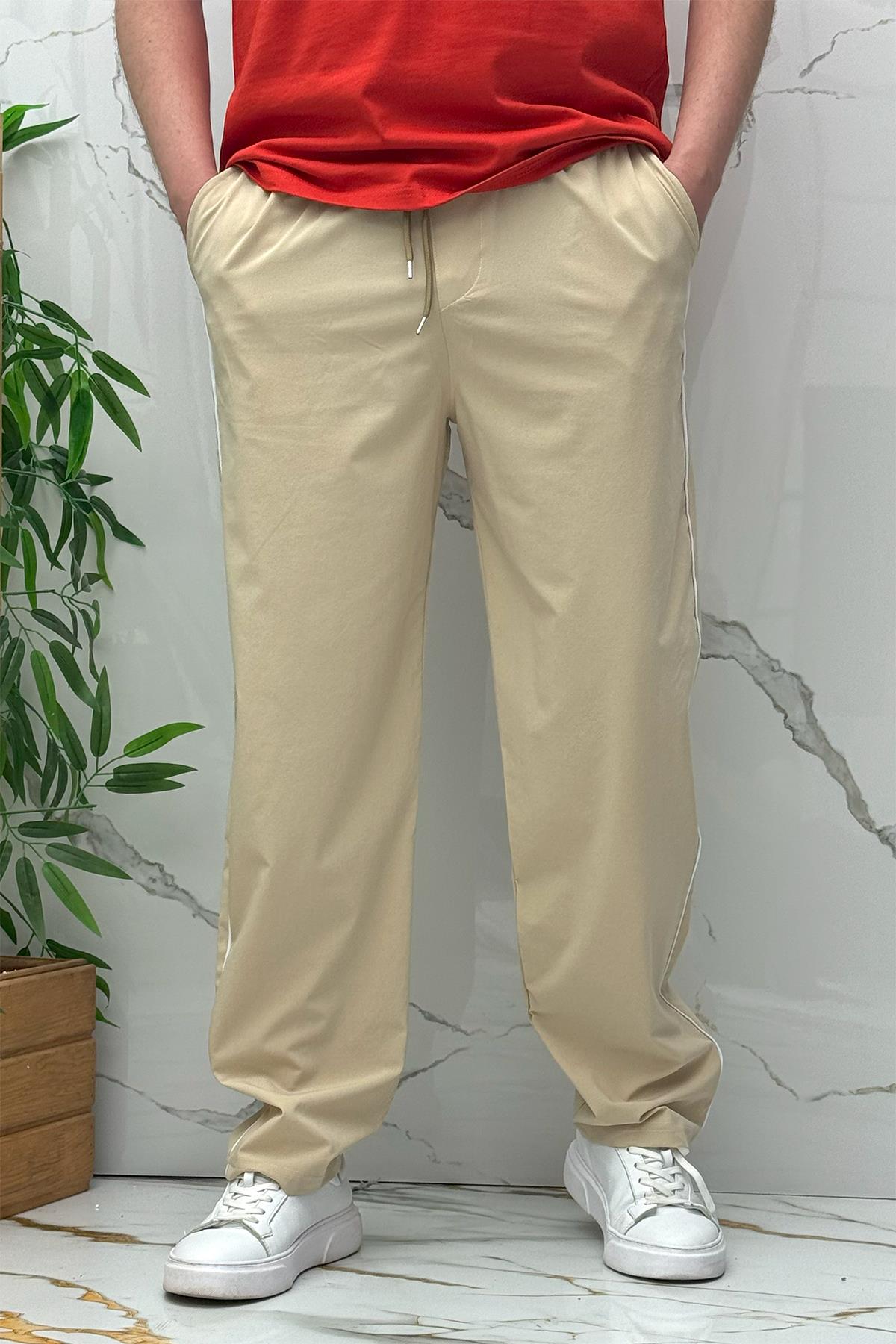 Erkek Yanları Biyeli Full Likralı Baggy Pantolon - Bej