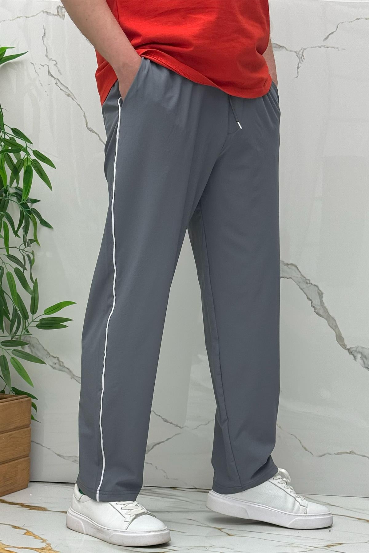 Erkek Yanları Biyeli Full Likralı Baggy Pantolon - Koyu Gri