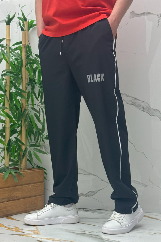 Erkek Yanları Biyeli Reflektör Baskılı Paraşüt Kumaş Baggy Pantolon - Siyah